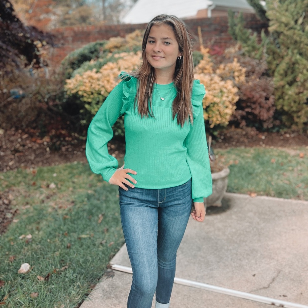 Shoulder Ruffle Crew Neck Sweater